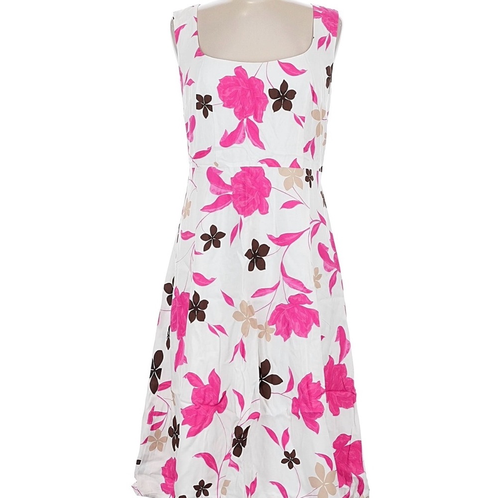 Ann Taylor White Midi Dress with Hot Pink and Brown Floral Print